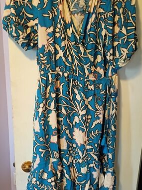 Knox Rose Teal Floral Wrap Maxi Dress with Cream Accents Large